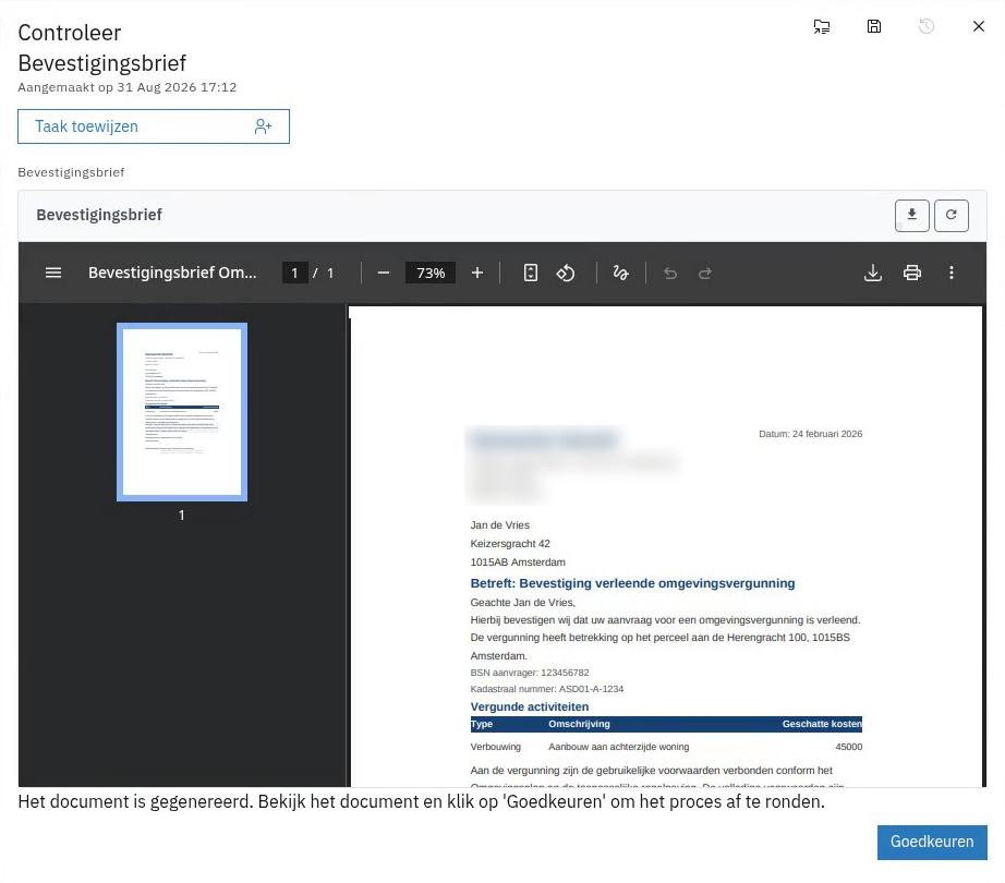Een gegenereerde bevestigingsbrief voor een omgevingsvergunning, ter controle in een Valtimo-taak. De naam van de gemeente is onleesbaar gemaakt.